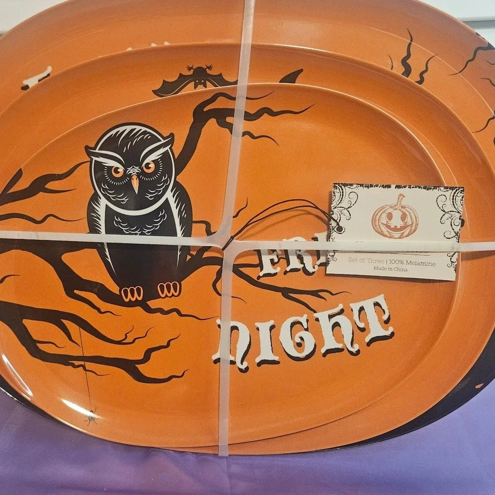 Hallow Home Halloween Fright Night Owl Melamine Platter Set of 3 Orange Black